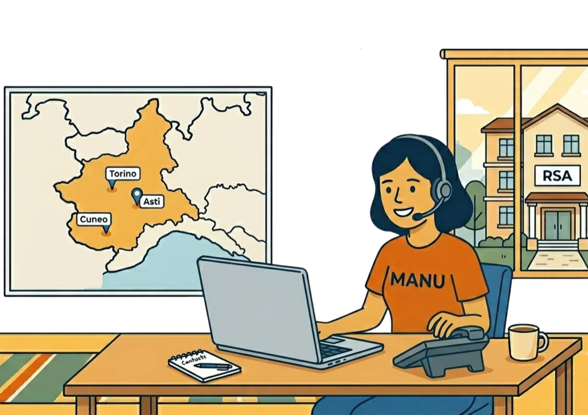 Manu al telefono in ufficio con la mappa del Piemonte: Torino, Cuneo e Asti
