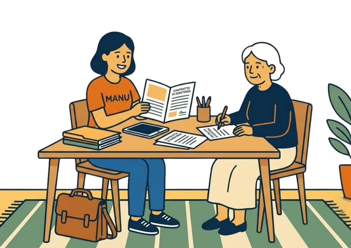 Consulente che illustra un contratto di assistenza a una signora anziana alla scrivania